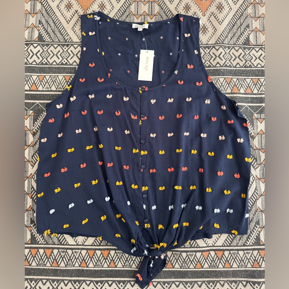 Navy Sleeveless Button-Down Top with Multicolor Accents
